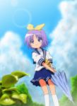  hal_(pixiv2042201) highres hiiragi_tsukasa lucky_star purple_hair school_uniform serafuku short_hair umbrella 