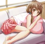  bare_legs blush brown_eyes brown_hair couch feet fetal_position highres looking_at_viewer ok-ray original pillow pleated_skirt skirt sleeveless solo 