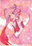  bad_id bare_shoulders cherry_blossoms detached_sleeves flower hair_flower hair_ornament hatsune_miku headset long_hair looking_at_viewer marker_(medium) mosho necktie object_namesake petals pink_hair red_eyes sakura_miku smile solo traditional_media twintails very_long_hair vocaloid watercolor_(medium) watercolor_pencil_(medium) 