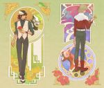  art_deco art_nouveau barnaby_brooks_jr belt blonde_hair boots bracelet brown_eyes brown_hair cabbie_hat chrom023 facial_hair flower glasses green_eyes hat highres jacket jewelry kaburagi_t_kotetsu male multiple_boys necktie power_armor power_suit red_jacket short_hair stubble studded_belt superhero tiger_&amp;_bunny vest watch wild_tiger wristwatch 