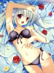  :d absurdres armpits bare_shoulders bikini blush breasts collarbone face fang flower front-tie_top fujisaki_rei hair_ribbon highres looking_at_viewer lying navel on_back open_mouth original petals purple_eyes ribbon side-tie_bikini silver_hair smile solo swimsuit thigh_gap thighs twintails violet_eyes water 