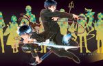  animal ao_no_exorcist blue_eyes blue_fire blue_flame blue_hair chain chains dual_wielding fire glasses gun jewelry katana long_sleeves multiple_boys multiple_tails necklace necktie okumura_rin okumura_yukio overcoat pointy_ears profile sheath silhouette striped striped_necktie sword tail tmt weapon 