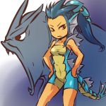 1girl blue_hair brown_eyes cosplay female fish_tail gyarados hair hands_on_hip hands_on_hips hips hitec human long_hair looking_at_viewer moemon open_mouth personification pokemon pokemon_(creature) pokemon_(game) pokemon_rgby ponytail red_eyes skin_tight tail 