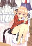  barefoot bed blonde_hair box breasts chemise cleavage dakimakura_(object) feet gothic_lolita hair_ribbon highres jacket lolita_fashion original pillow pillow_hug purple_eyes ribbon school_uniform serafuku sitting solo takeda_aranobu tsurime twintails violet_eyes 