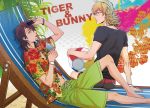  akuta_michi ball barefoot barnaby_brooks_jr beach_chair beachball blonde_hair bracelet brown_eyes brown_hair drink facial_hair glasses green_eyes hawaiian_shirt jewelry kaburagi_t_kotetsu male multiple_boys short_hair shorts stubble summer sunglasses t-shirt tiger_&amp;_bunny 