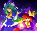  ball blush bow danmaku dress green_eyes green_hair hanjuku_tomato hat kirisame_marisa kirisame_marisa_(pc-98) long_hair mima multiple_girls orange_eyes red_hair redhead short_hair smile star touhou touhou_(pc-98) witch witch_hat wizard_hat young 