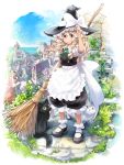  bird black_dress blonde_hair blue_sky boat bobby_socks braid broom cat dress flower grass grey_eyes hair_ribbon hand_on_hat hat highres kirisame_marisa mary_janes matsuda_(matsukichi) matsukichiii ocean puffy_pants ribbon sailboat seagull shoes sky smile socks solo stairs standing touhou town vines witch witch_hat 