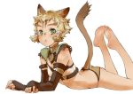  animal_ears ass barefoot blonde_hair branch_(blackrabbits) cat_ears crop_top elbow_gloves face facial_mark feet final_fantasy final_fantasy_xi fingerless_gloves gloves green_eyes hands legs_up lying messy_hair mithra on_stomach panties short_hair solo tail underwear 