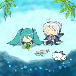  ahoge animal bow caffein cat chibi detached_sleeves green_hair hair_bow hair_ornament hatsune_miku headphones leaf lying multiple_girls on_stomach pants ponytail sitting star tanabata vocaloid voyakiloid white_hair yowane_haku yowaneko 