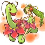  1girl bare_shoulders blush_stickers brown_eyes cosplay dress drill_hair female flower green_hair hair hair_flower hair_ornament hitec human long_hair looking_at_each_other meganium moemon open_mouth personification pinky_out pokemon pokemon_(creature) pokemon_(game) pokemon_gsc ponytail shoes skirt yellow_eyes 