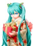  aqua_eyes aqua_hair gift hair_ornament hatsune_miku highres holding holding_gift japanese_clothes kimono long_hair pi_(pppppchang) pout solo twintails vocaloid 