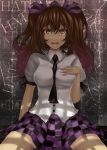  between_breasts breast_suppress breasts brown_eyes brown_hair checkered checkered_skirt clothes_between_breasts clothing_between_breasts dress_shirt hair_ribbon hand_on_own_chest hand_to_chest hat himekaidou_hatate necktie ribbon shadow shirt shocked_eyes sitting skirt solo touhou twintails wavy_mouth yakan_7 yellow_eyes 