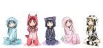  5girls :&lt; :d akemi_homura alternate_costume alternate_hairstyle animal_costume black_hair blonde_hair blue_eyes bunny_costume cat_costume cow_costume cow_print dog_costume fang hair_down hood kaname_madoka kyubey long_hair mahou_shoujo_madoka_magica miki_sayaka multiple_girls open_mouth pajamas pink_eyes pink_hair red_eyes redhead sakura_kyouko seiza short_hair sitting smile tomoe_mami twintails violet_eyes wolf_costume yellow_eyes yoplait 