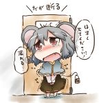  animal_ears basket blush brown_dress brown_eyes capelet chibi dekasudachin door dress fang grey_hair have_to_pee mouse_ears mouse_tail nazrin open_mouth short_hair solo standing tail tears toilet touhou translated translation_request trembling v_arms 