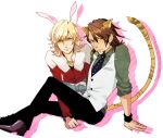  2boys 325_(im24) animal_ears barnaby_brooks_jr blonde_hair brown_eyes brown_hair bunny_ears bunnyboy cat_ears catboy glasses green_eyes jacket jewelry kaburagi_t_kotetsu kemonomimi_mode looking_at_viewer male multiple_boys necklace necktie red_jacket short_hair stubble tail tiger_&amp;_bunny tiger_ears tiger_tail vest 