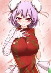  bandage bandages bare_shoulders blush breasts bun_cover bust double_bun hand_on_own_chest hand_to_chest highres ibara_kasen ibaraki_kasen impossible_clothes impossible_clothing impossible_shirt large_breasts looking_at_viewer naughty_face pandain pink_hair red_eyes s-day seductive_smile shirt smile solo touhou 