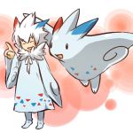  closed_eyes cosplay dress hair hitec human index_finger_raised long_hair male moemon open_mouth personification pokemon pokemon_(creature) pokemon_(game) pokemon_dppt raised_finger robe smile spiked_hair spiky_hair togekiss white_hair 