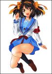  brown_eyes brown_hair hair_ribbon hairband jumping ribbon school_uniform serafuku short_hair suzumiya_haruhi suzumiya_haruhi_no_yuuutsu yadokari_genpachirou 