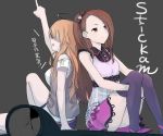  bad_id bare_shoulders brown_eyes brown_hair hairband hoshii_miki idolmaster long_hair minase_iori minazuki_randoseru multiple_girls oudanhodou simple_background sitting thigh-highs thighhighs 