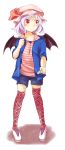  alternate_costume argyle argyle_legwear bat_wings blush casual contemporary error hat hat_ribbon jacket lavender_hair makuwauri open_clothes open_jacket red_eyes remilia_scarlet ribbon short_hair shorts sleeves_pushed_up solo striped thigh-highs thighhighs touhou wings 