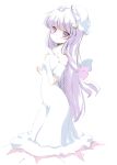  bare_shoulders blush coo crescent dress female hair_ribbon hand_on_own_chest hand_to_chest hat highres kneeling long_hair patchouli_knowledge purple_eyes purple_hair ribbon shoulderless_dress simple_background solo strapless_dress touhou violet_eyes white_background white_dress 