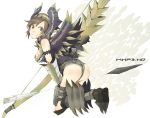  armor arrow ass bad_id bare_shoulders bikini_armor boots bow bow_(weapon) brown_eyes brown_hair character_request from_behind gauntlets greaves looking_back monster_hunter monster_hunter_portable_3rd panties short_hair short_shorts shorts simple_background solo thong underwear weapon yoshito 
