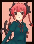  96tuki ahoge animal_ears bad_id bell blush braid bust cat_ears cat_tail hair_ribbon kaenbyou_rin multiple_tails open_mouth red_eyes red_hair redhead ribbon short_hair solo tail touhou twin_braids twintails 