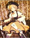  beret blonde_hair breasts corset detached_sleeves drill_hair gun hair_ornament hat large_breasts magical_girl mahou_shoujo_madoka_magica pleated_skirt puffy_sleeves rikka_(bakesen) skirt smile solo taut_shirt thigh-highs thighhighs tomoe_mami weapon yellow_eyes 