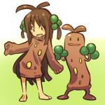  1girl barefoot brown_hair contrapposto cosplay female frown hair hair_bobbles hair_ornament hip_out hitec human long_hair moemon open_mouth personification pokemon pokemon_(creature) pokemon_(game) pokemon_gsc short_twintails sleeves_past_wrists smile sudowoodo sweater twintails 