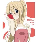  apple blonde_hair blue_eyes casual food fruit happy_birthday holding holding_apple holding_fruit ikari_manatsu k-on! kotobuki_tsumugi long_hair ponytail solo wink 