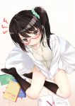  black_eyes black_hair black_legwear blush boku_wa_tomodachi_ga_sukunai breasts cleavage dress_shirt footwear from_above glasses head_tilt highres hinasaki kneehighs labcoat red-framed_glasses scrunchie semi-rimless_glasses shiguma_rika shirt side_ponytail sitting socks solo under-rim_glasses v_arms yokozuwari 