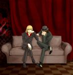  barnaby_brooks_jr blonde_hair brown_eyes brown_hair couch crossed_legs facial_hair fedora formal glasses green_eyes hand_on_chin hand_to_chin hat legs_crossed male multiple_boys short_hair sitting stubble suit tiger_&amp;_bunny zaku-ro 