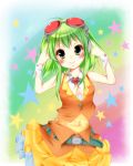  blush goggles goggles_on_head green_eyes green_hair gumi highres looking_at_viewer shierutei short_hair smile solo star vocaloid 