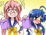  blue_hair blush closed_eyes eyes_closed gaketsu glasses green_eyes izumi_konata laughing long_hair lucky_star paper_bag pink_hair school_uniform serafuku takara_miyuki tsundere 