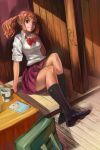  anjou_naruko ano_hi_mita_hana_no_namae_wo_bokutachi_wa_mada_shiranai bag book breasts carving cup feet highres large_breasts orange_eyes orange_hair pleated_skirt school_uniform skirt sleeves_rolled_up solo toes twintails xiamianliele 