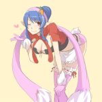  blue_hair breasts cleavage corset front-tie_top gloves judith kawamura_raichi pointy_ears red_eyes solo tales_of_(series) tales_of_vesperia thigh-highs thighhighs wink 