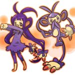  1girl ambipom animal_ears antenna_hair bandage_on_nose bandaid_on_nose barefoot blush_stickers cosplay covering covering_face covering_mouth cracking_knuckles dress female hair hitec human long_hair moemon multiple_tails personification pokemon pokemon_(creature) pokemon_(game) pokemon_dppt purple_eyes purple_hair tail twintails very_long_hair 