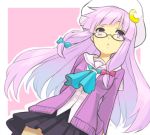  alternate_costume bad_id bespectacled contemporary face glasses hat lastswallow long_hair patchouli_knowledge purple_eyes purple_hair school_uniform solo touhou violet_eyes 