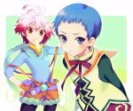  1girl akiyoshi_haru banana blue_eyes blue_hair drill food fruit gradient_hair green_background haru_(noppopo) hubert_ozwell multicolored_hair pascal red_hair redhead tales_of_(series) tales_of_graces two-tone_hair white_hair 