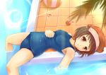  brown_eyes brown_hair cabbie_hat flat_chest hat ke-i loli lying monogatari_(series) one-piece_swimsuit pool poolside school_swimsuit sengoku_nadeko short_hair submerged swimsuit wet 