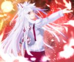  albino back bad_id fire fujiwara_no_mokou grin hair_ribbon highres long_hair long_sleeves outstretched_arm outstretched_hand red_eyes ribbon smile solo suspenders touhou white_hair yunaru 