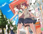  back_to_back brown_eyes brown_hair dutch_angle komura_(nkmr123) long_hair misaka_mikoto paper school_uniform serafuku shirai_kuroko short_hair shorts sweater_vest thigh_strap to_aru_kagaku_no_railgun to_aru_majutsu_no_index twintails uiharu_kazari 