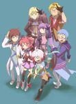  4boys \m/ asbel_lhant bad_id banana blonde_hair blue_background blue_hair brown_hair cheria_barnes food fruit holding holding_fruit hubert_ozwell malik_caesars multicolored_hair multiple_boys multiple_girls pascal pink_hair purple_hair red_hair redhead richard_(tales_of_graces) sekigawa sophie_(tales_of_graces) tales_of_(series) tales_of_graces thighhighs two-tone_hair two_side_up white_hair 