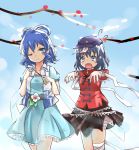  2girls aaaabo arm_wrap bandages belt blue_eyes blue_hair blue_sky branch chinese_clothes clouds dress fang fingernails flower flying_sweatdrops hair_ornament hair_rings hair_stick hat highres kaku_seiga leg_wrap light_particles light_smile miyako_yoshika multiple_girls outstretched_arms shawl short_hair skirt sky star tears touhou vest wink zombie_pose 