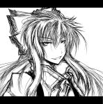  acryl bad_id face fujiwara_no_mokou grin hair_ribbon highres long_hair monochrome ribbon smile solo suspenders touhou 