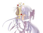  food hair_ribbon in_the_face long_hair melty_blood mikeco pastry pie_in_face pointy_ears ribbon silver_hair solo tsukihime white_len 