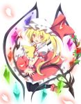  1girl bad_id black_legwear blonde_hair fang flandre_scarlet flower hat heart heart_wings kurono_yuzuko laevatein long_hair looking_at_viewer open_mouth pink_eyes red_eyes rose side_ponytail solo thighhighs touhou v_arms wings wrist_cuffs yuuko_(pixiv) 