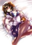  bad_id blush breasts brown_eyes brown_hair brown_legwear caffein checkered choker cleavage dog_ears fifteen_hounds gloves maid pillow thighhighs 