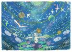  cloud clouds colorful copyright_request fish flower hair_flower hair_ornament lily_pad lotus mermaid monster_girl moon outstretched_arms spread_arms sun tokucina underwater whale 