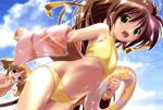  absurdres aoi_umi_no_tristia bikini blonde_hair blue_eyes brown_hair flat_chest green_eyes highres innertube komatsu_eiji long_hair multiple_girls nanoca_flanka navel nene_hampdon open_mough open_mouth ponytail ribbon short_hair swimsuit 